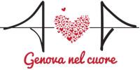 il logo di Genova nel Cuore con Ponte Morandi crollato ma riunito dal cuore dei genovesi